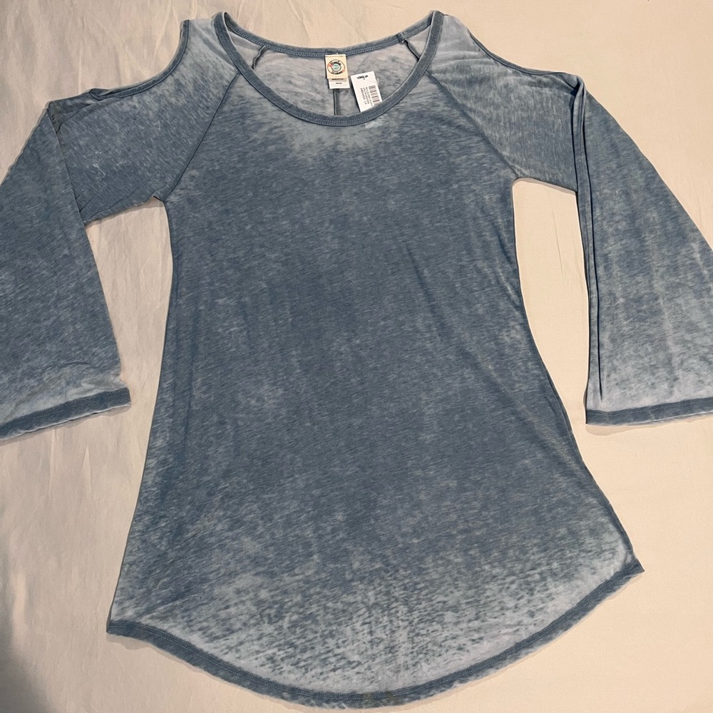 Distressed open shoulder, bell sleeve top